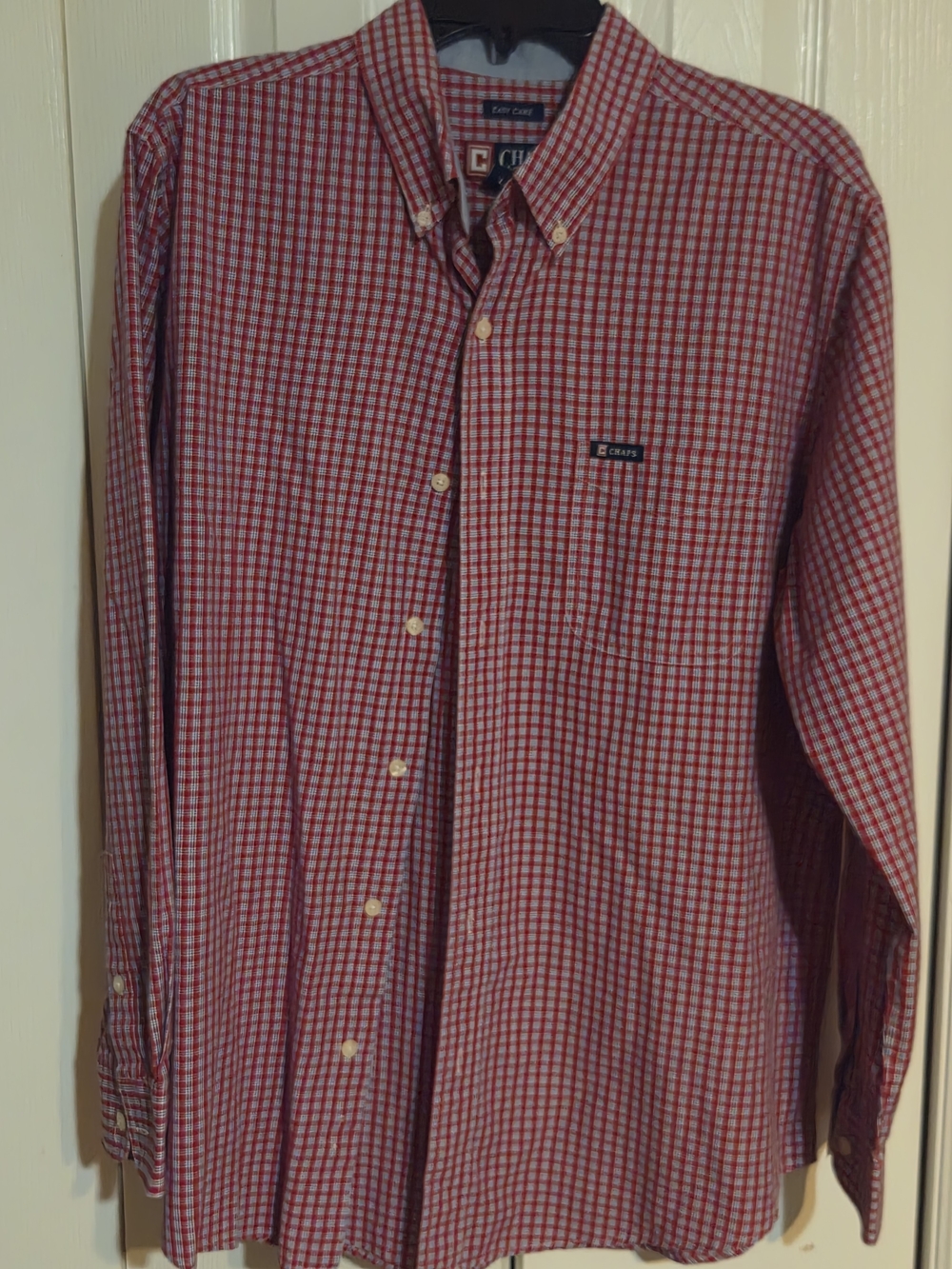 Chaps Men L Red Blue Plaid Button Down Shirt Long Sleeve Easy Care Pocket